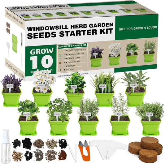 10 Herb Seeds Garden Starter Grow Kit with Green Pots, Markers, Nutritional Soil, Watering, Herb Clipper, Complete Indoor Potted Plant Growing Set for Kitchen DIY
