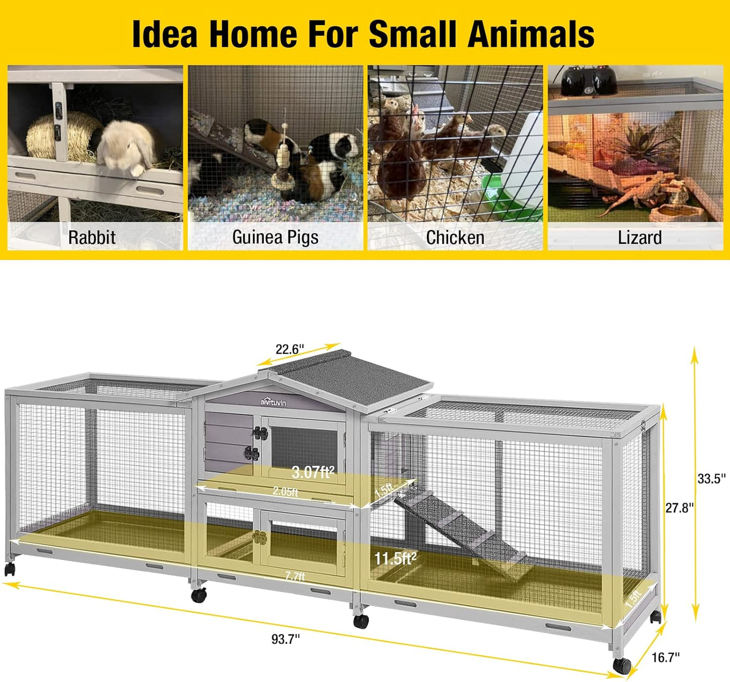 Aivituvin Rabbit Hutch 93.7" Large Rabbit Cage Indoor Outdoor Guinea Pig Cage Chicken Coop on Wheels Bunny Cage with 4 Deep No Leakage Pull Out Tray,Waterproof Roof