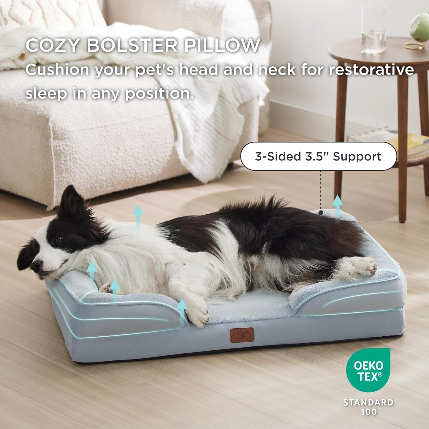 Bedsure Orthopedic Dog Beds Large Sized Dog - Washable Large Dog Cat Bed Waterproof, Comfort Dogs Couch Sofa with Washable Removable Cover, Pet Bed with Nonskid Bottom, Light Blue, 35"