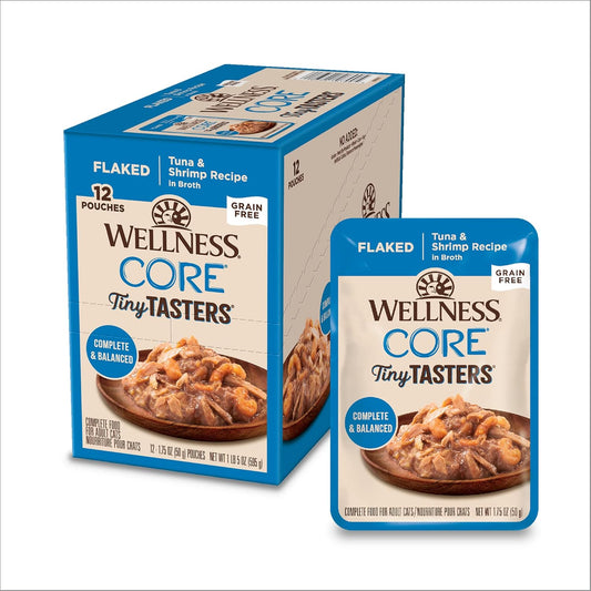 Wellness CORE Tiny Tasters Minced Adult Wet Cat Food, Natural, Protein-Rich, Grain Free, 1.75-Ounce Pouch, 12 Pack, (Tuna & Shrimp)