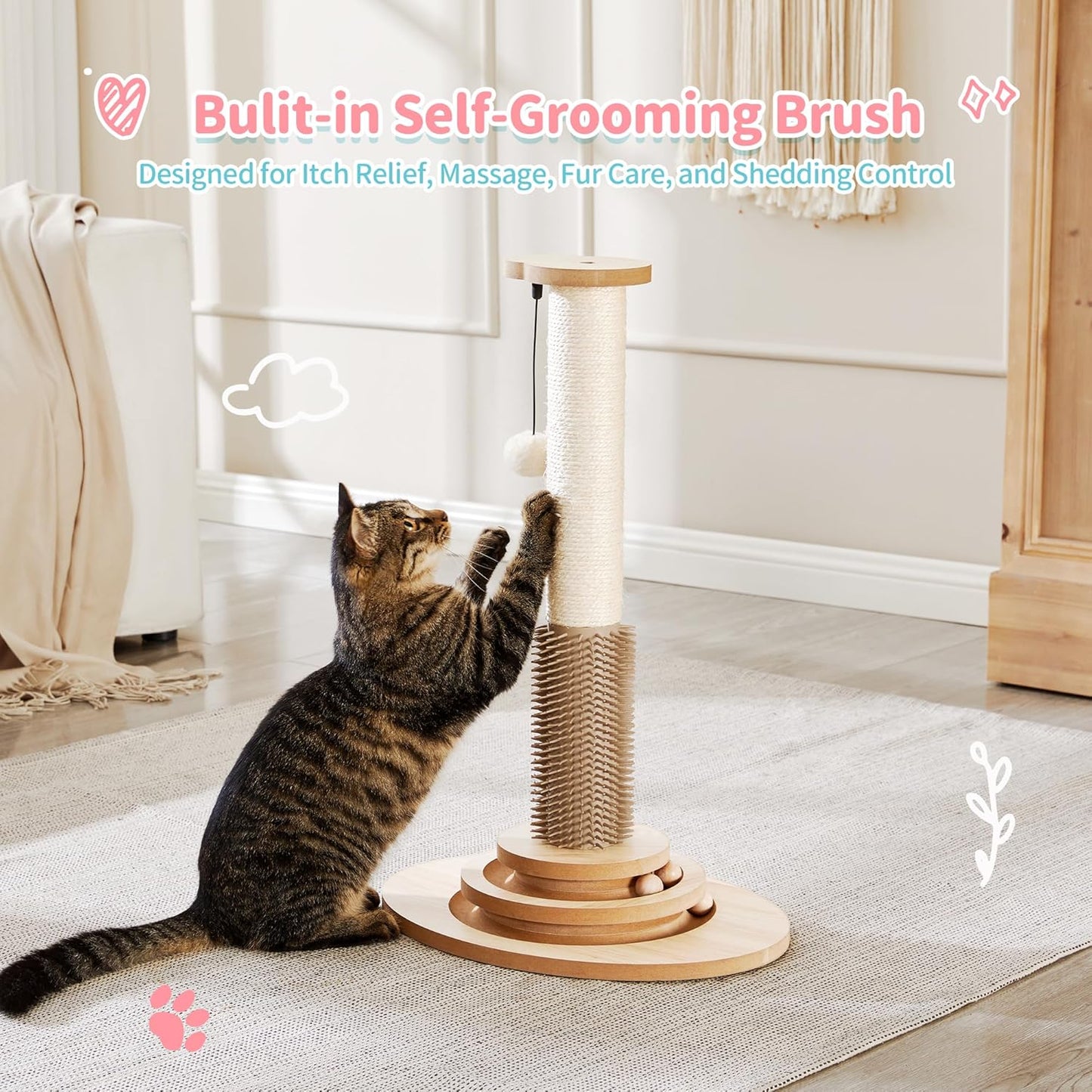 Made4Pets Cat Scratching Post, 23" Tall Sisal Cat Scratcher Post with Self Groomer, 4-in-1 Interactive Trackball Toys with Hair Brush, Vertical Cat Climbing Tree with Dangling Plush Balls
