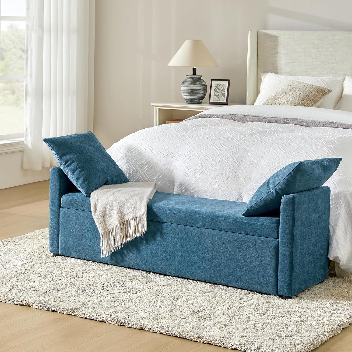 HULALA HOME Modern Storage Bench with Throw Pillows, 59.4" Extra Long Bedroom Ottoman Bench for End of Bed, Comfy Upholstered Footstool for Entryway Dining Room Living Room, Teal