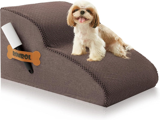 High Density Foam Dog Stairs Ramp for Beds Couches, Romrol Pet Steps with Durable Non-Slip Waterproof Fabric Cover, Dog Slope Stairs Friendly to Small Dogs and Cats or Pets Joints, 2-Tiers