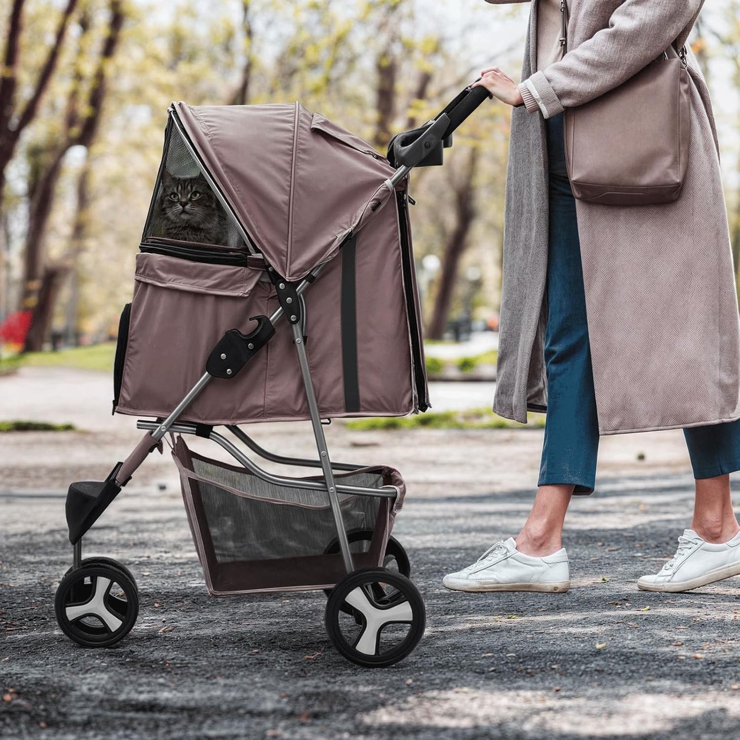 MoNiBloom Foldable Dog Strollers for Small Dogs with Weather Cover, 3 Wheels Pet Strolling Cart for Dogs and Cats with Storage Basket and Cup Holder, Breathable and Visible Mesh for All-Season, Coffee