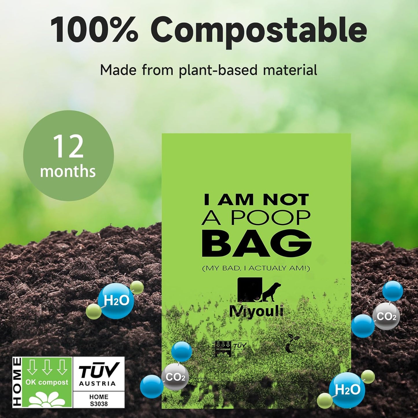 100% Certified Compostable Dog Poop Bag Rolls, 120 Bags (8 Rolls) Eco-Friendly Poop Bags for Dogs, Leak Proof Unscented Easy Open Poop Waste Bag（Green）