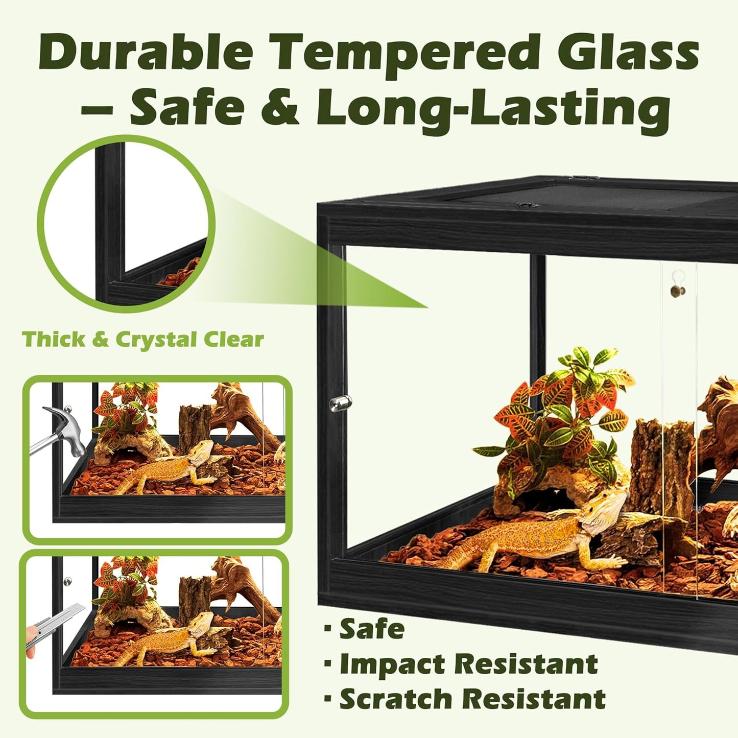Prolee Tempered Glass Bearded Dragon Tank,Reptile Encloure and Snake Tank with Metal Mesh Roof Door,Locking Design Reptile Tank for Lizard,Gecko,Chameleon (Black, 63 Gallon (40x20x20 Inch))