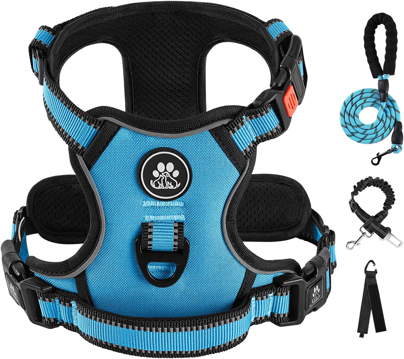 IVY&LANE No Pull Dog Harness for Medium Dogs, Dog Vest Harness with Leash, Safety Belt and Storage Strap, Fully Adjustable, 360 Reflective Strip, Soft Handle (Blue, M)