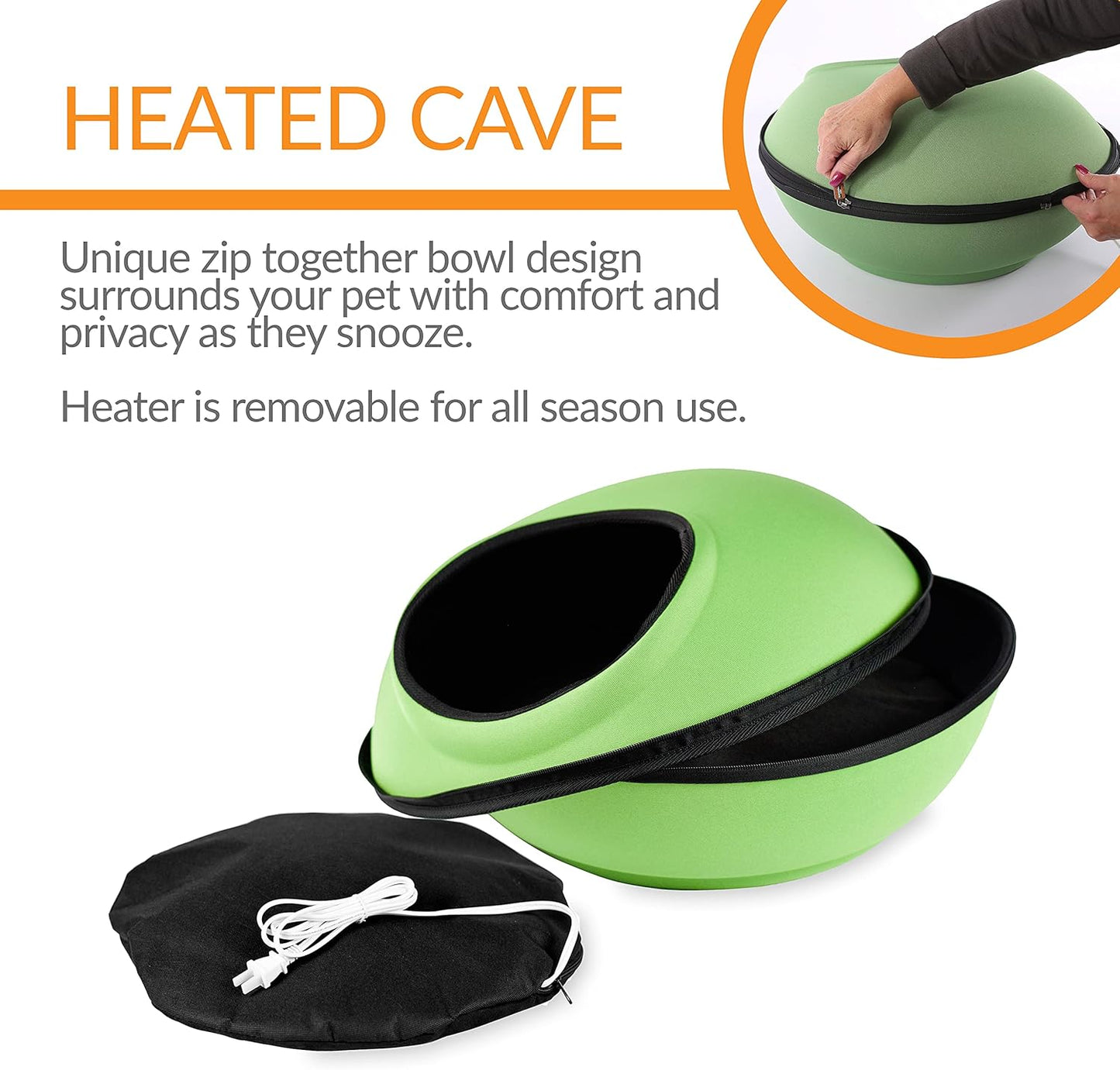 K&H Pet Products Heated Cat Bed for Large Cats, Thermo-Kitty Mod Dream Pod Heated Cat Cave Tent House Bed for Indoor, Warming, Washable Cushion, Waterproof Heater, Safety Listed - 22in Round Green