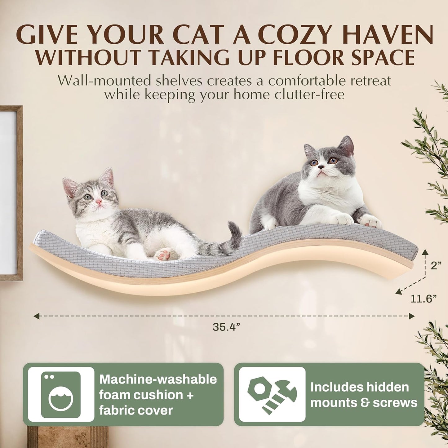 Extra Large 35.4” × 11.6” Stylish Cat Wall Shelves with Soft Cushion, Modern Wall-Mounted Cat Tree Furniture & Perch, Sturdy/Hidden Mounts, Machine Wash Cover, Sleek Design- CALLICO HAVEN Wave S-Shape