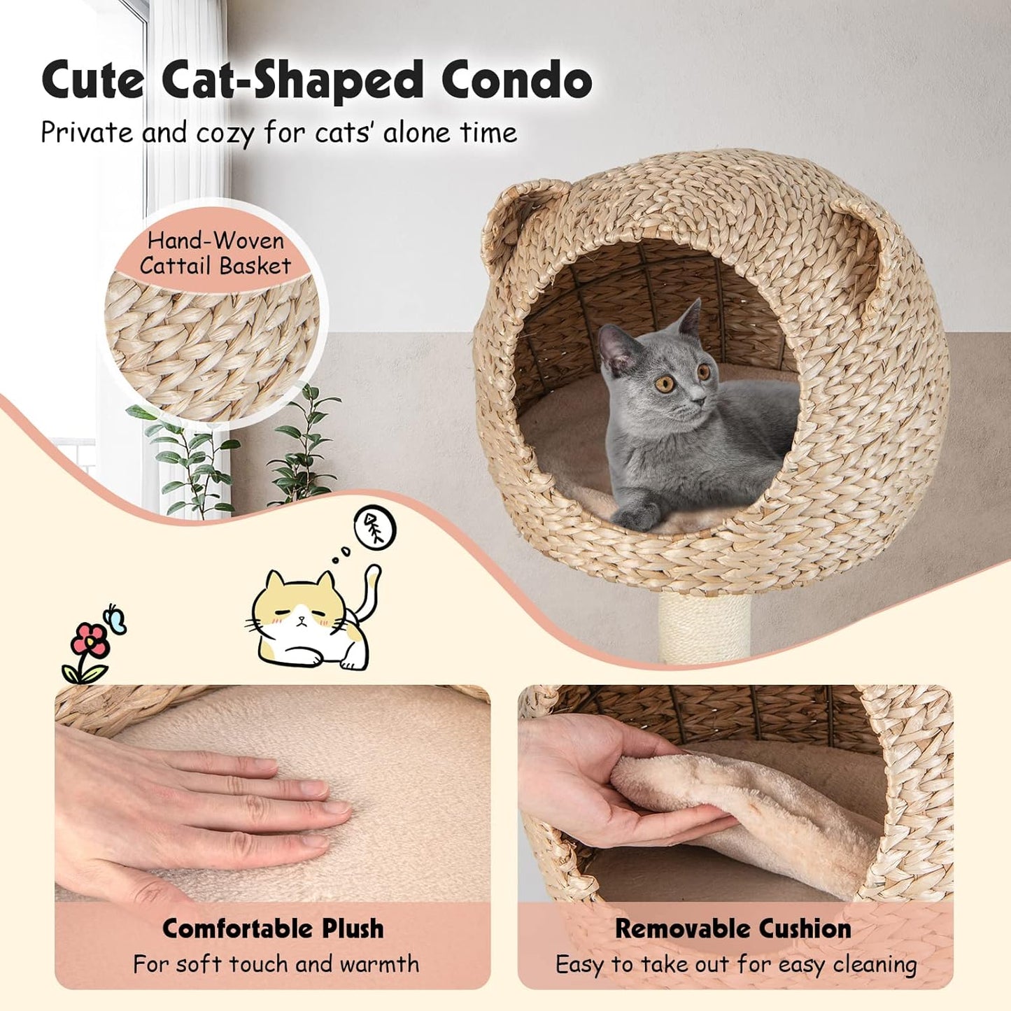 PETSITE Woven Cat Tree, Modern Cat Tower with Hammock & Scratching Posts, Cattail Condo & Top Perch, Cat Activity Tree for Indoor Cats