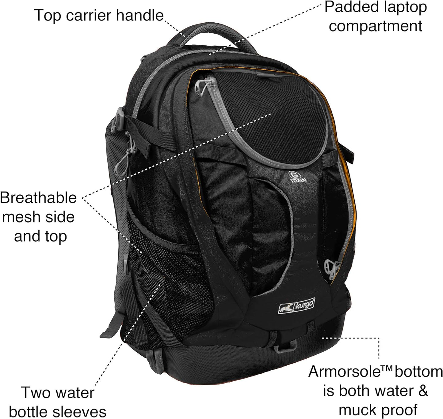 Kurgo G-Train - Dog Carrier Backpack for Small Pets - Cat & Dog Backpack for Hiking, Camping or Travel - Chest Straps & Hip Belt - Reflective - Two Water Bottle Sleeves - Waterproof Bottom (Black)