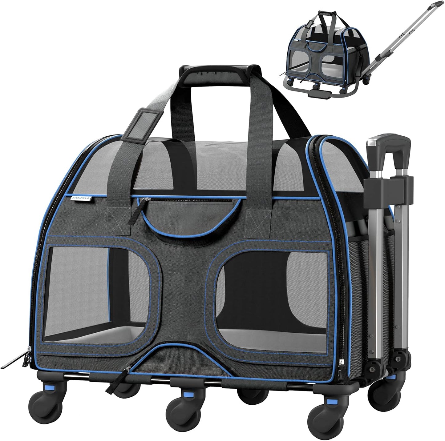 Katziela Pet Carrier - Airline Approved Dog Carrier - TSA Approved Pet Carrier for Small Dogs and Cats - Soft FAA Travel Airplane Dog Carrier Luggage (Black/Blue)