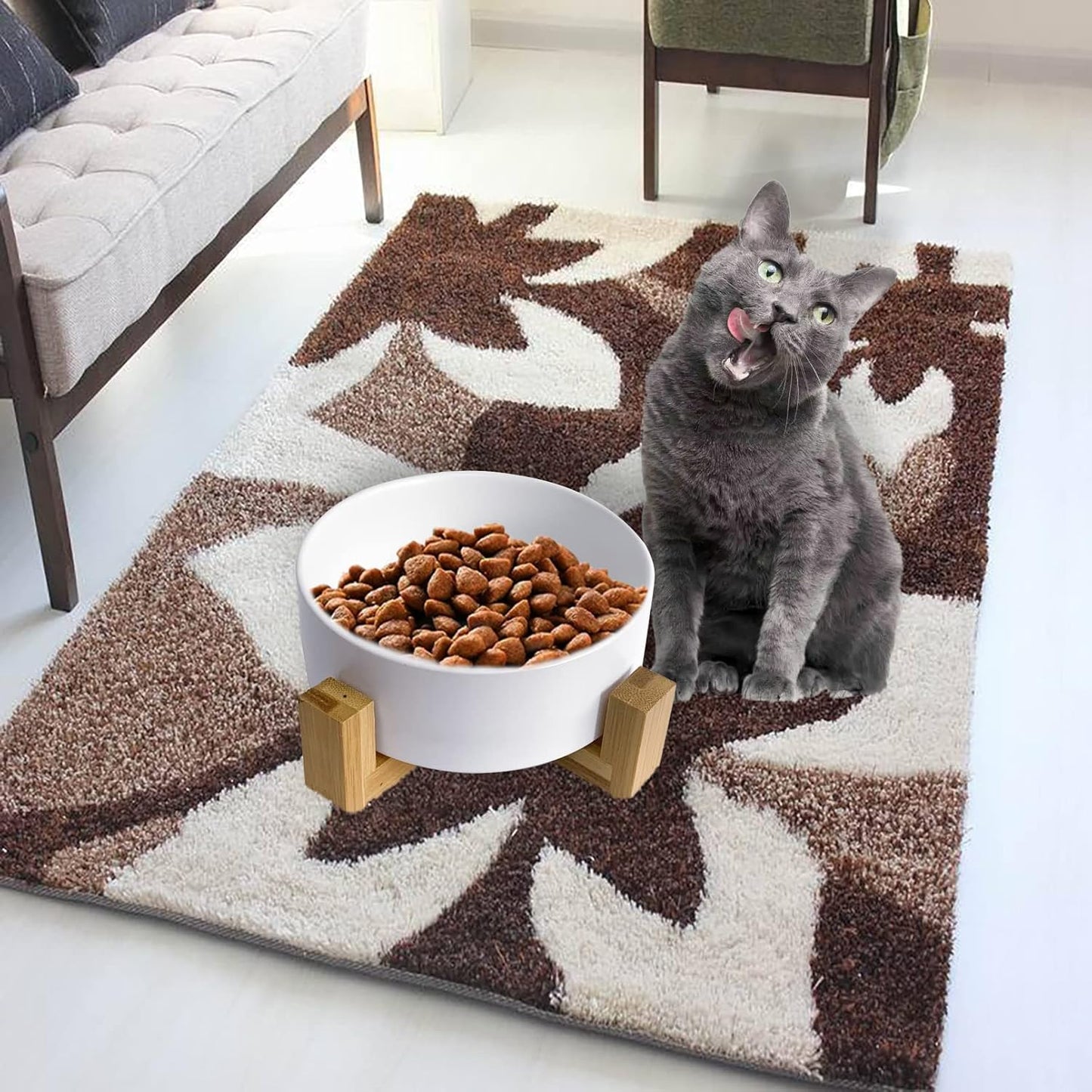 Ceramic Dog Cat Bowl with Wood Stand,Cat Food & Water Bowls Elevated Non-Spill Modern Cute Kitty Dishes Heavy Weighted Round Pet Dishes Set for Kitten Small Cat(White)