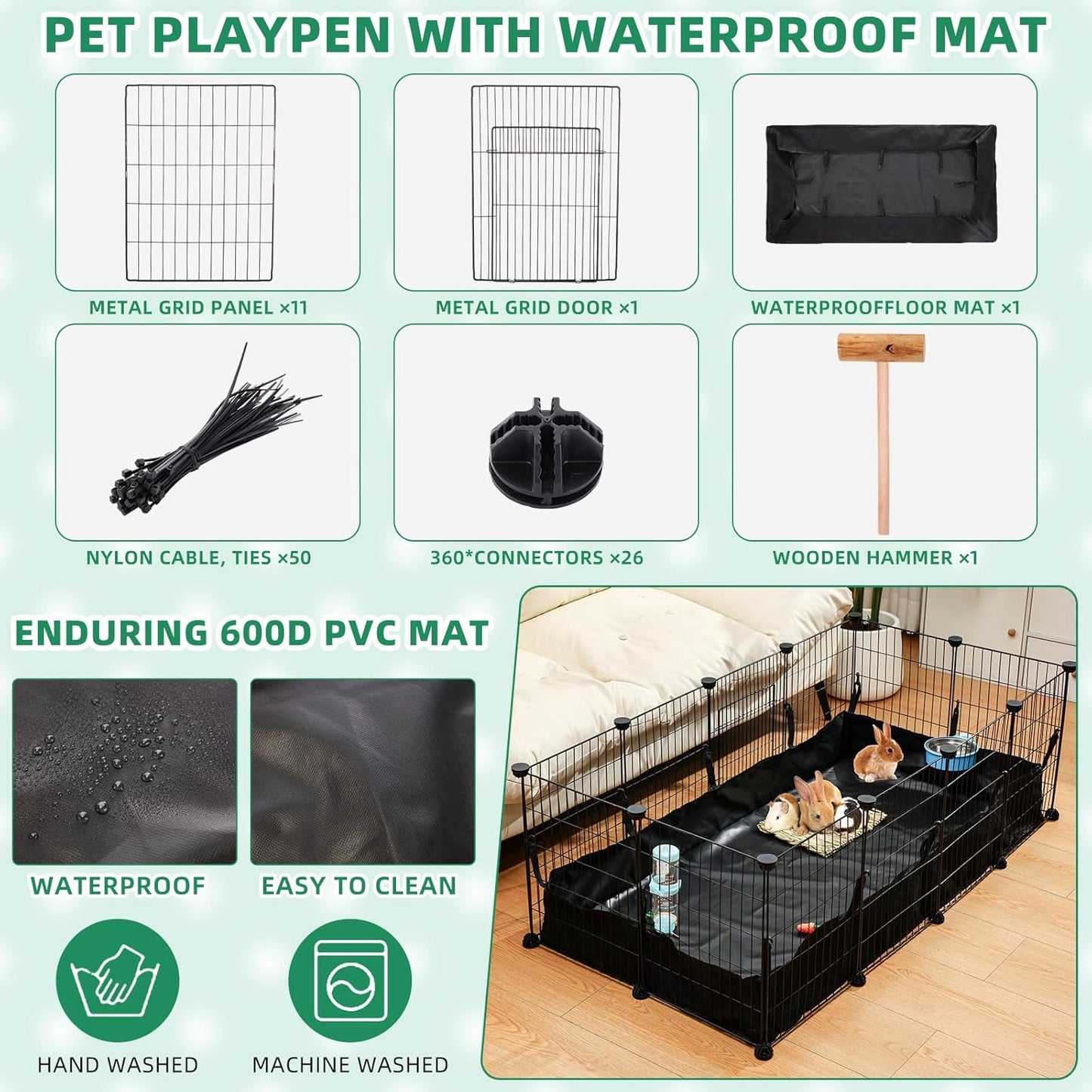 104 Pcs Rabbit Starter Kit Litter Box Bunny Tunnel Pet Playpen with Waterproof Mat Water Bottle Animal Grooming Kit Bowl Blankets with Cleaning Set for Guinea Pig Rabbit Accessories