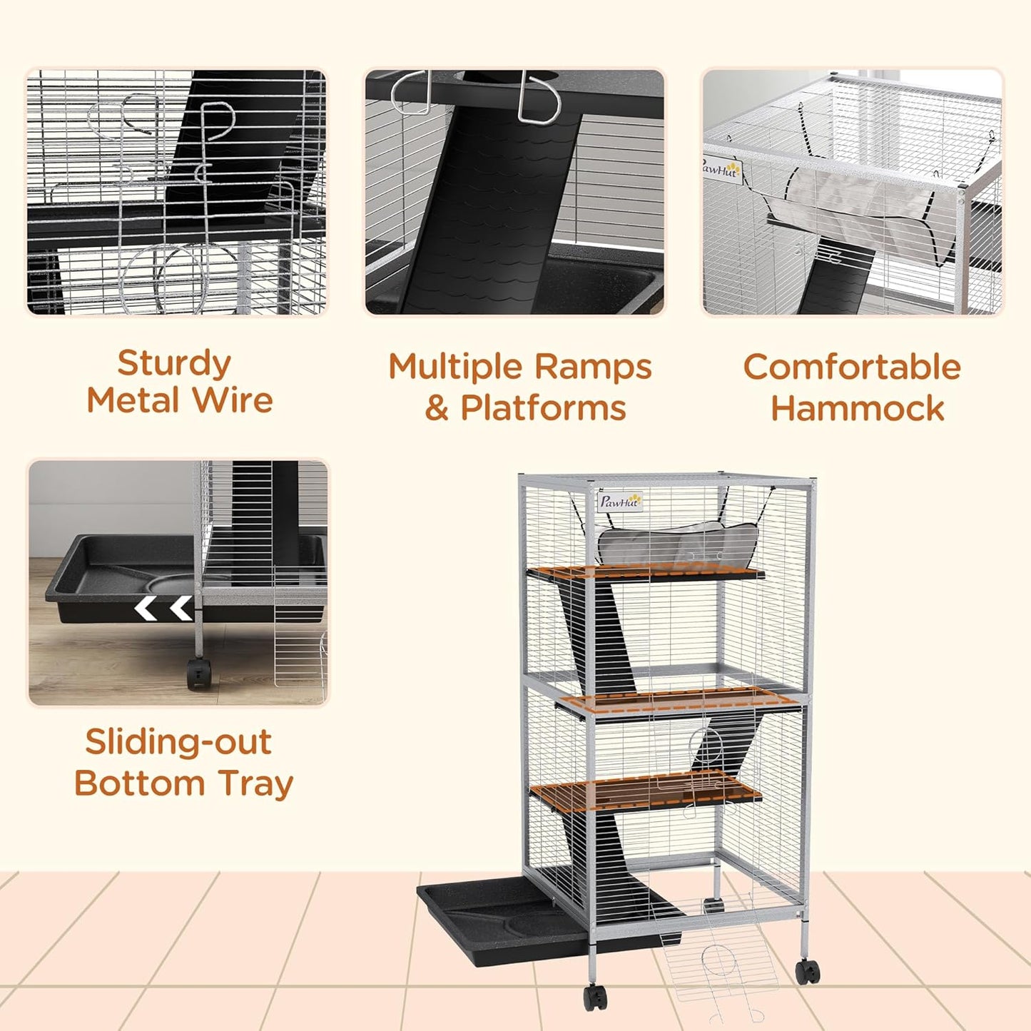 PawHut Metal Small Animal Cage, 4-Tiers Rolling Big Ferret Cage with Hammock, Removable Tray, for Chinchilla, Sugar Glider, White