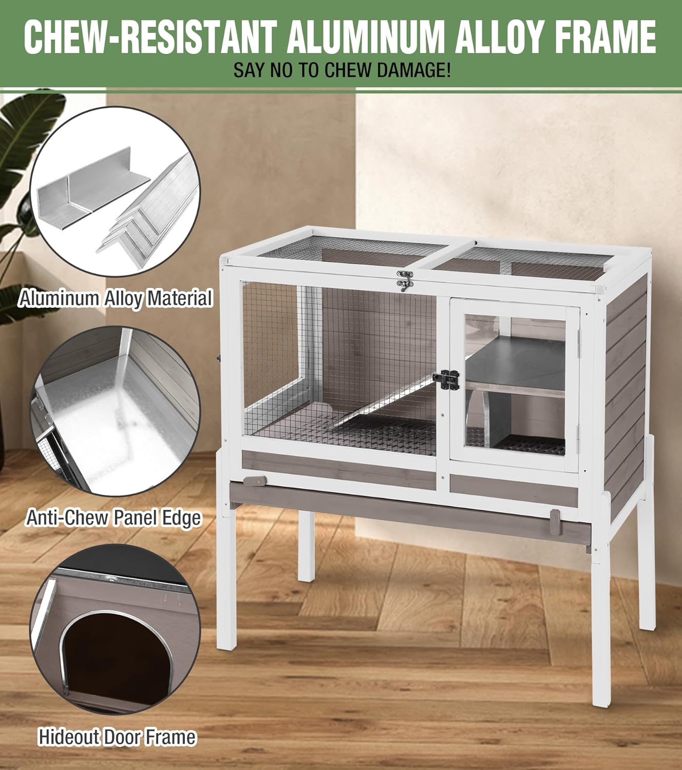 GUTINNEEN Guinea Pig Cage Rabbit Cage Indoor with Chew-Proof Edges, Clean Deep Tray, Leakproof PVC Layer, Small Animals Cage with Adjustable Legs - Brown