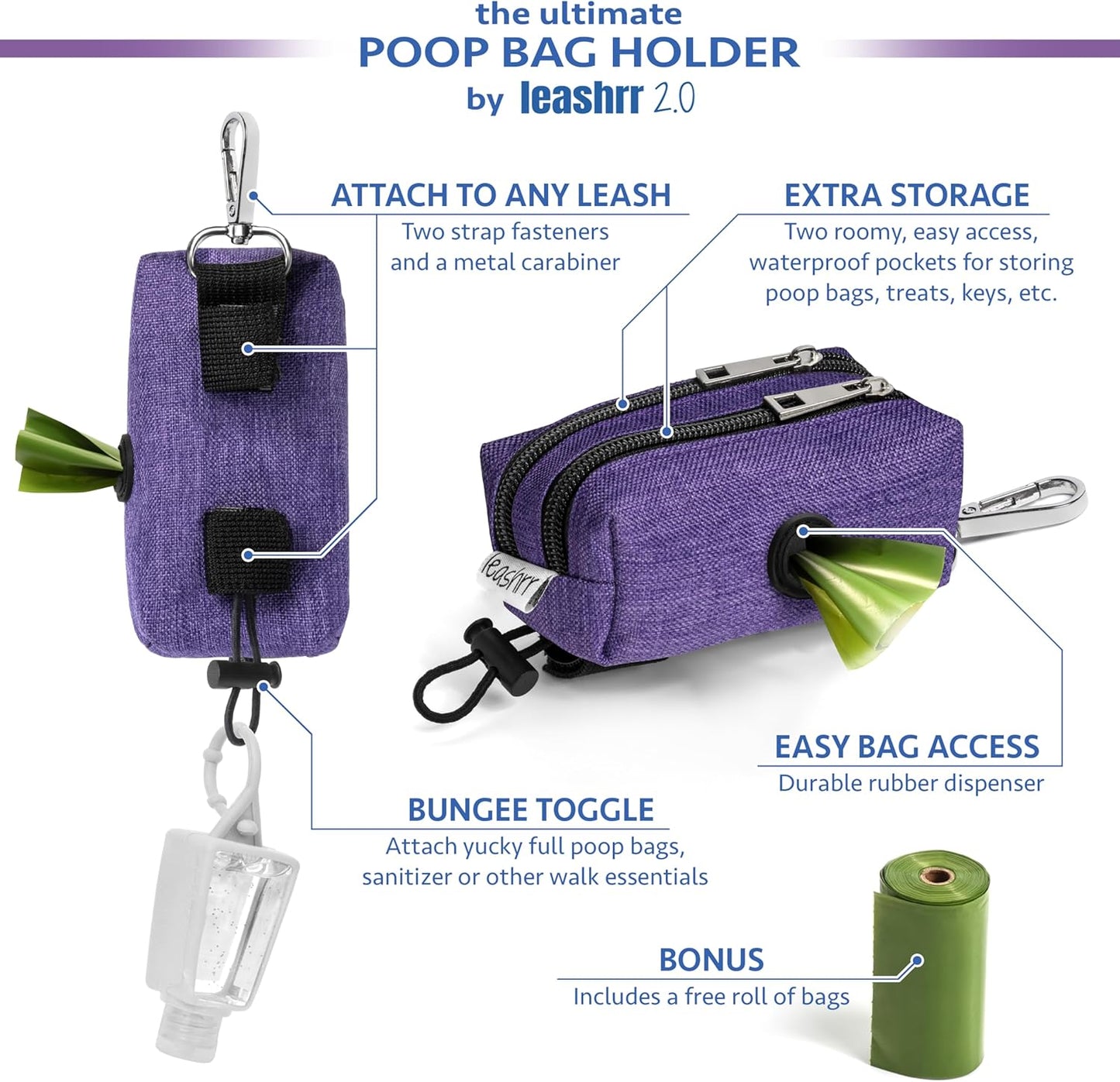 Dog Poop Bag Holder for Leashes - Dog Poop Bag Dispenser and Treat Holder with 2 Waterproof Pouches for Pet Waste Bags and Walking Accessories + 1 Free Roll - Leashrr 2.0 (Pink)