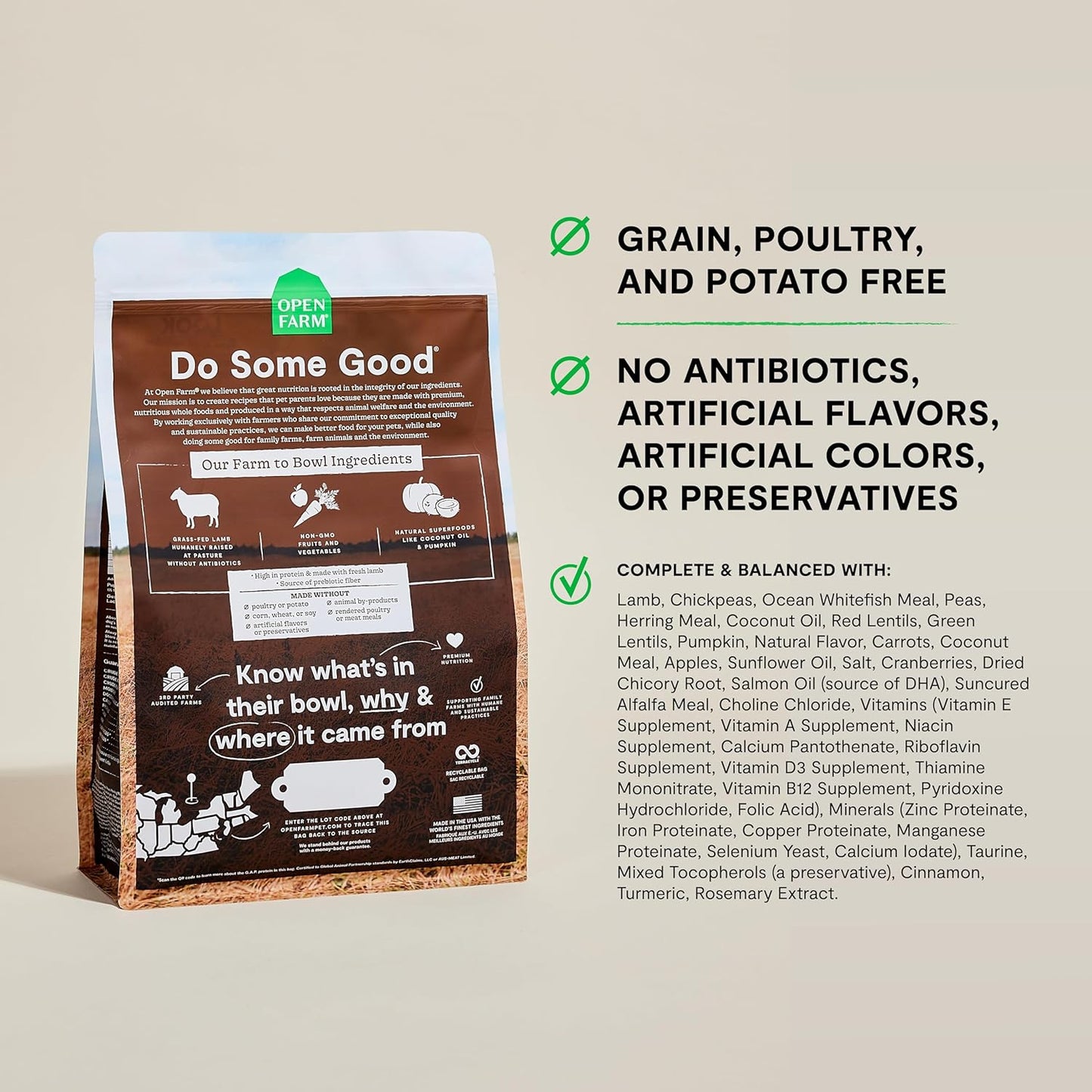 Open Farm, Grain-Free Dry Dog Food, Complete & Balanced Kibble, Sustainably & Ethically Sourced Ingredients, Non-GMO Veggies & Superfoods Support Overall Health, Pasture Raised Lamb Recipe, 11lb Bag