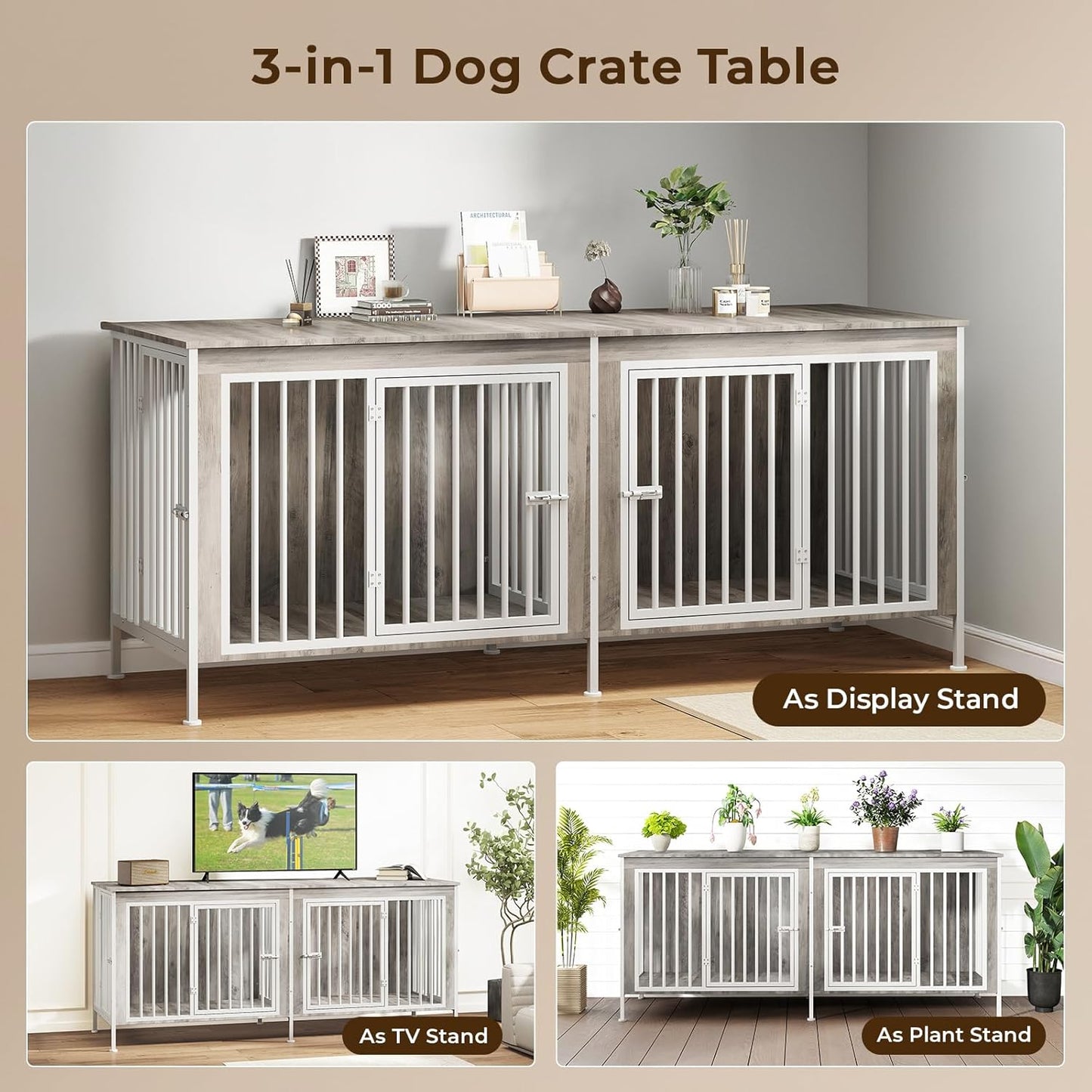 63 Inch Dog Cage Furniture for 2 Large/Medium Dogs with Removable Divider, Extra Large Double Doors Dog Kennel, XXL Thick Wooden Dog cage Furniture, Durable and Sturdy, Beige