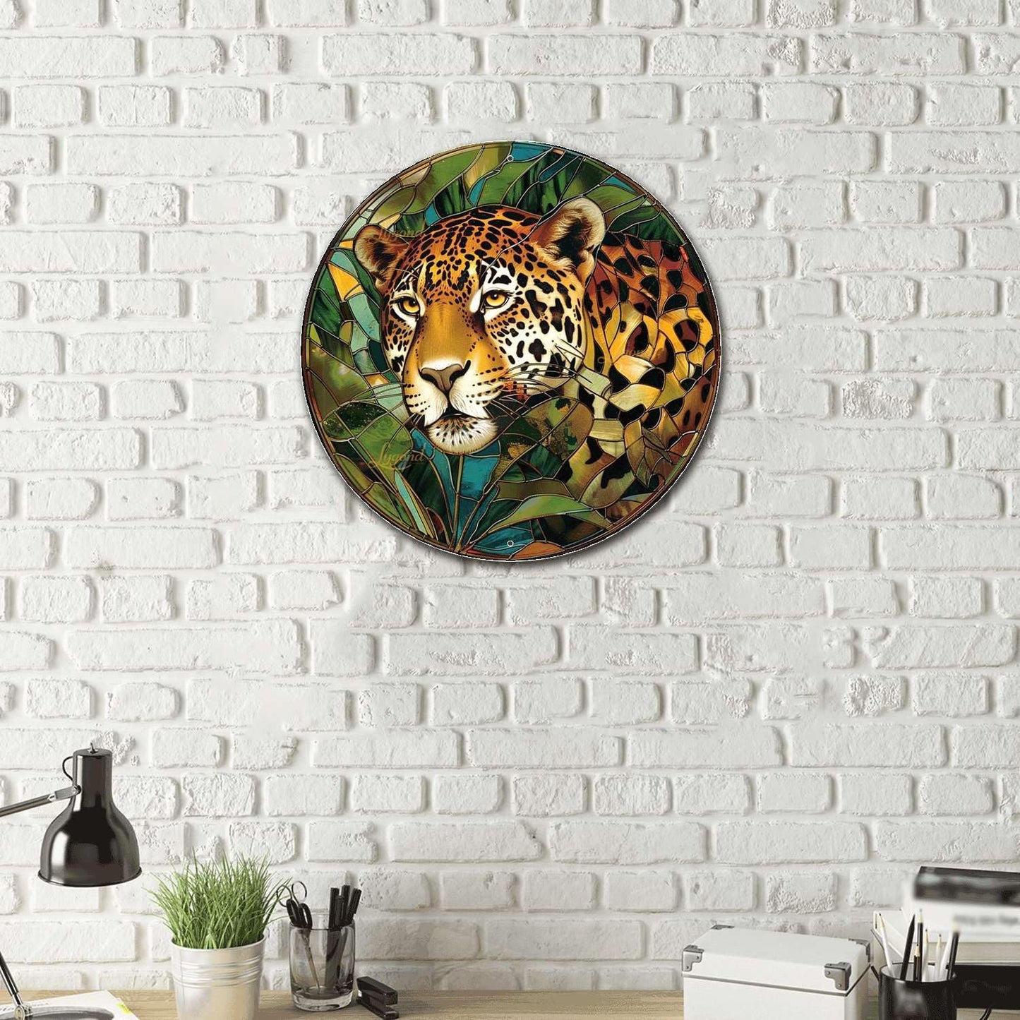 Lygond Metal Sign Tin Sign Circular Stained Glass jaguar Tin Signs for Women for Patio 8×8 Inches