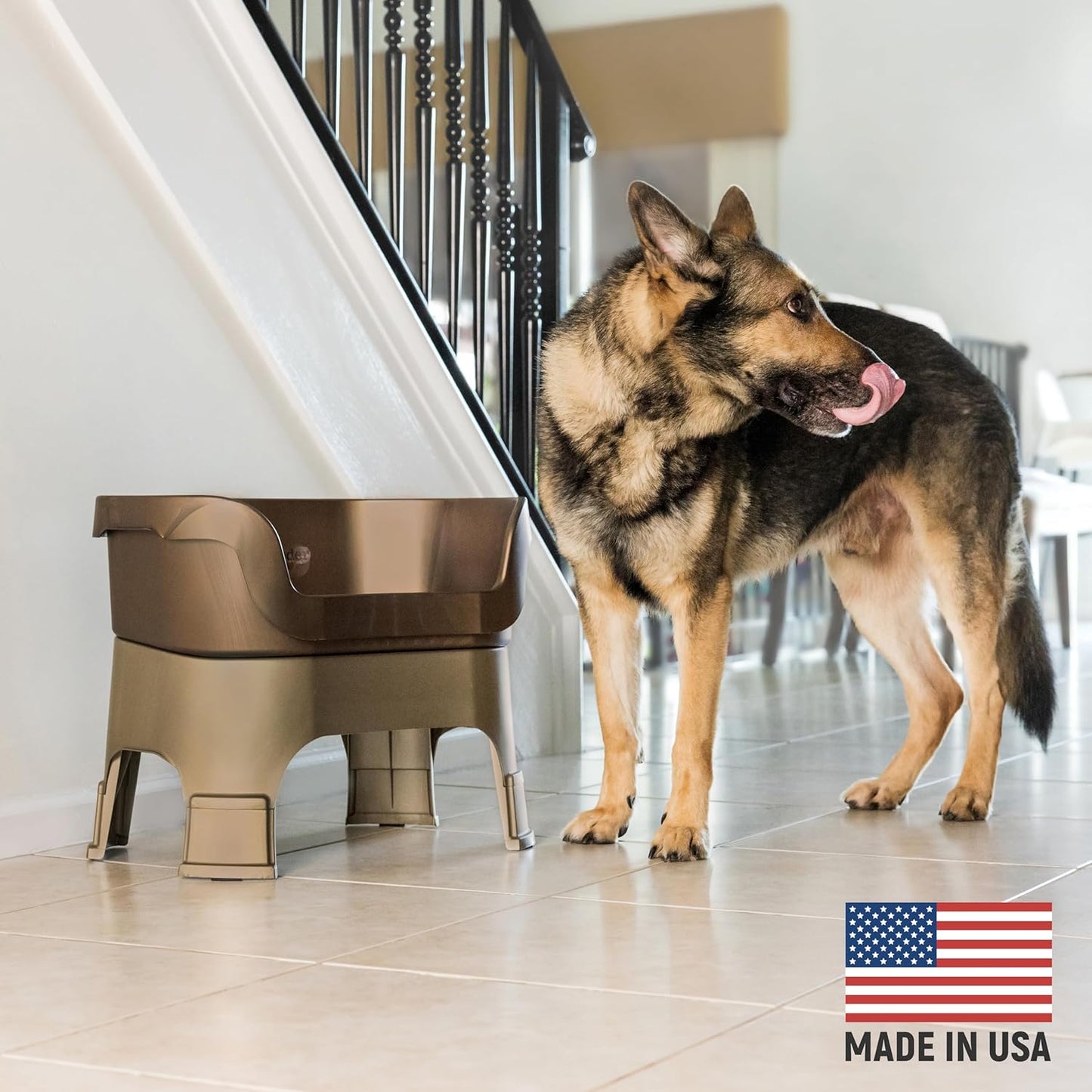 Neater Feeder Deluxe Mess Proof Dog Bowls Elevated for Large Dogs – Made in USA – No Spill Raised Dog Food Bowl Stand w/Leg Extensions – Stainless Steel Dog Food and Water Bowl Set – Bronze