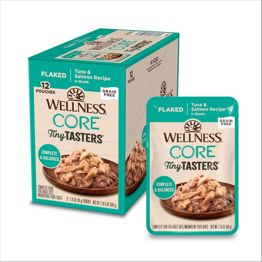 Wellness CORE Tiny Tasters Flaked Adult Wet Cat Food, Natural, Protein-Rich, Grain Free, 1.75-Ounce Pouch, 12 Pack, (Tuna & Salmon)