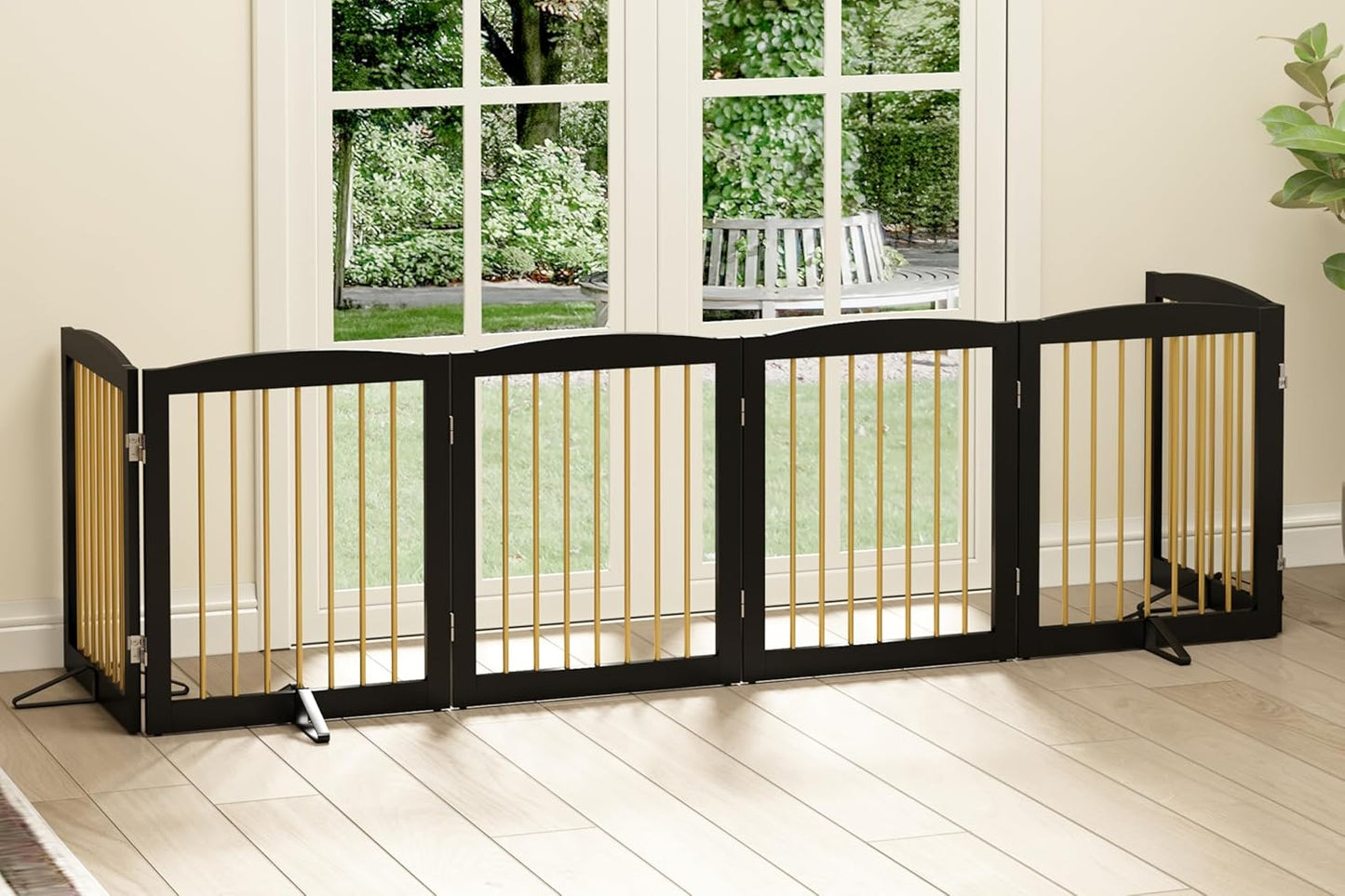 Freestanding Pet Gate for Dogs, Foldable Wooden Dog Gate for House, Extra Wide Indoor Pet Barrier for Stair, Doorway, Hall, Support Feet Included, 120 Inch Wide, 6 Panels 24",Black&Gold