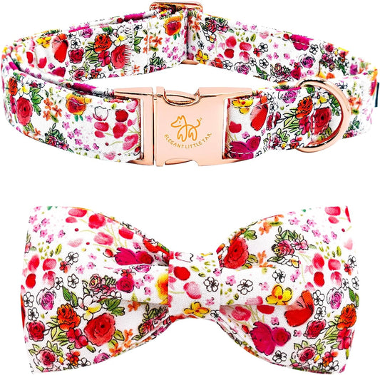 Elegant little tail Dog Collar, Pink Rose Print Pet Collar Summer Dog Collar Durable Metal Buckle Dog Collars Cotton Pet Adjustable Dog Collars for Large Dogs