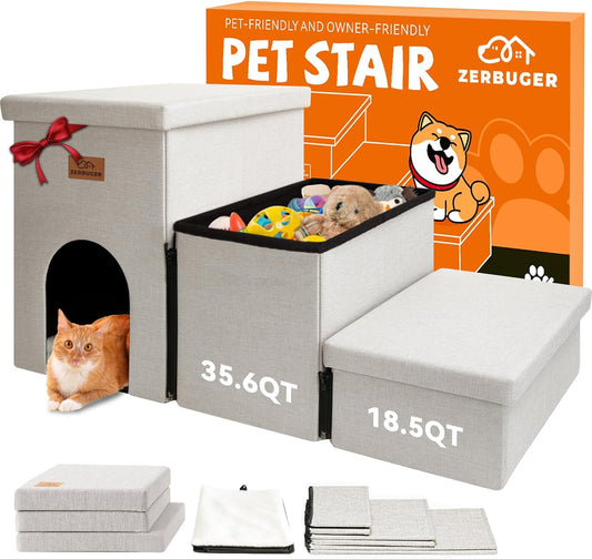 Dog Stairs with Condo 18" H, 3-Step Wider Dog Steps for High Beds Couch, Folding Storage Pet Stairs Gift for Small/Medium/Large Old Dogs Cats, Ramp for Climbing Car Up to 200 lbs, Beige