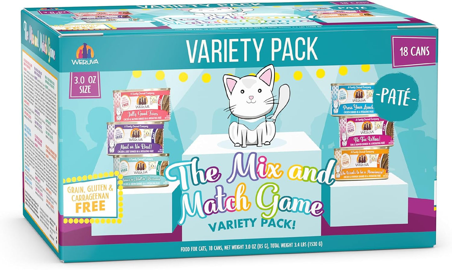 Weruva Wet Cat Food, The Mix and Match Game Pate Variety Pack, 3oz Can, Pack of 18