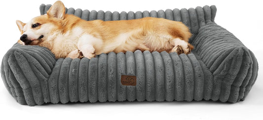 Bedsure Cute Dog Couch for Pets - Fluffy Dog Sofa with Premium Soft Corduroy Fleece, Small Dogs Couch Bed with Washable Cover, Supportive Pet Sofa Bed for Medium Large Dogs, 36inch, Warm Grey