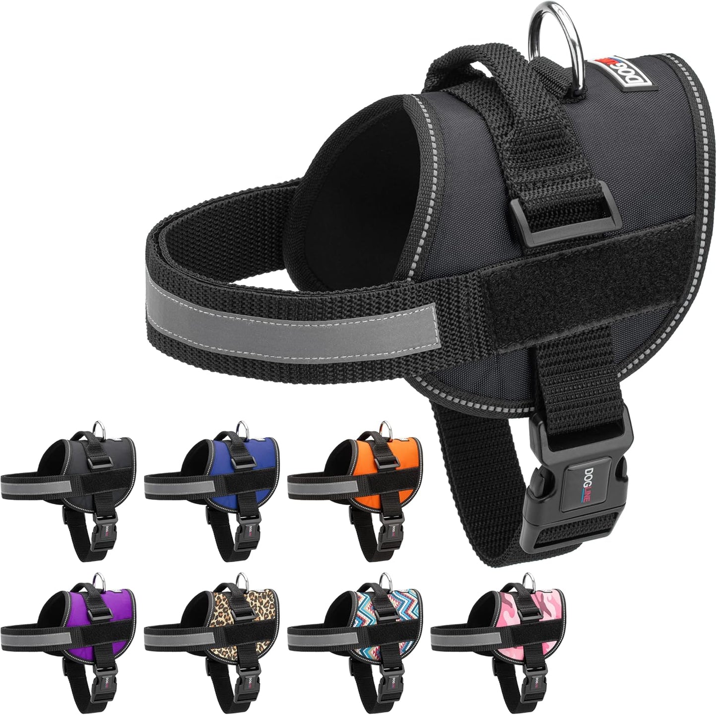 Dogline Dog Harness, Reflective No-Pull Adjustable Vest with Handle for Walking, Training, Breathable, No - Choke Harness for Small, Medium or Large Dogs Room for Patches Girth 15 to 18 in Black