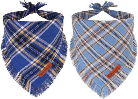 ADOGGYGO Dog Bandanas Boy with Tassels Edges, Stylish Blue Plaid Pet Scarf, Soft Cotton Fabric, Adjustable Reversible Plaid Bandanas for Medium Large Dogs (Large)