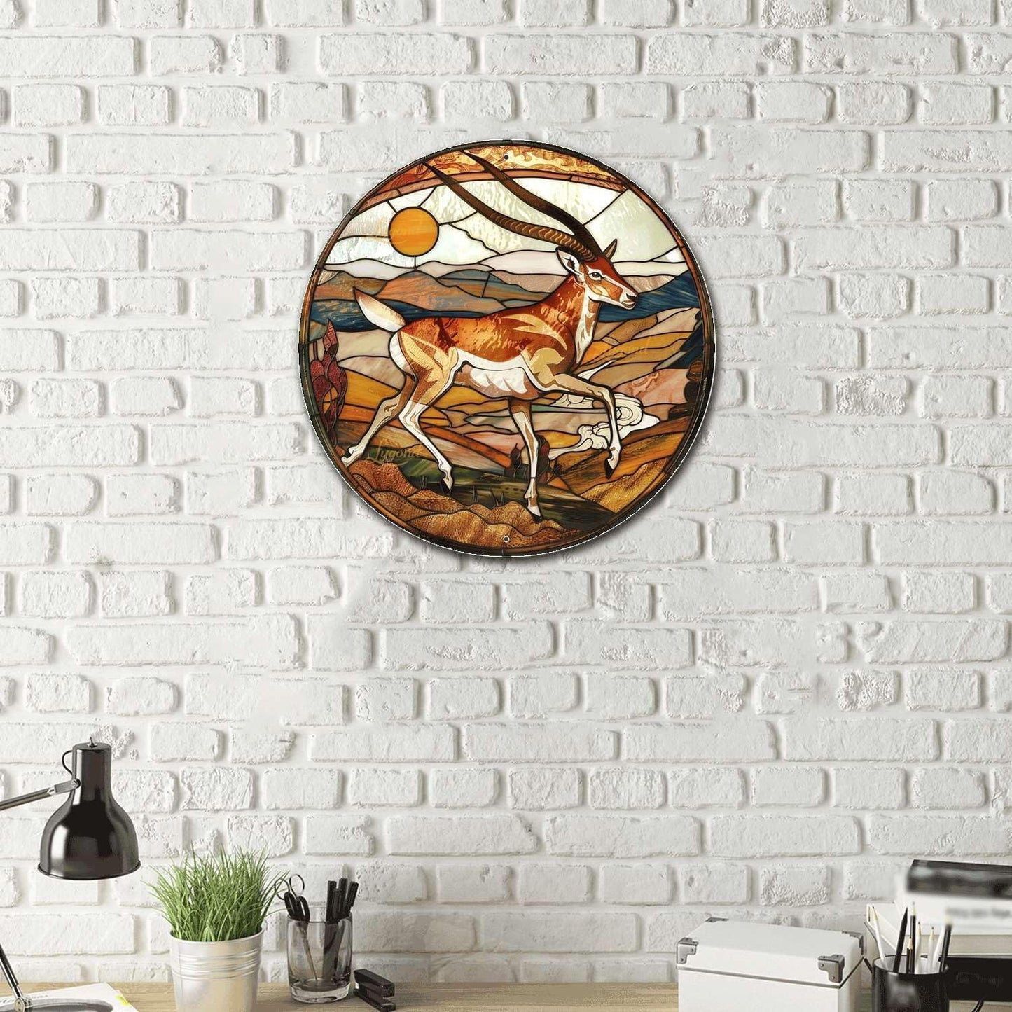 Lygond Metal Sign Tin Sign Circular Stained Glass Pronghorn Home Deccor Store Home Decor for Garden 12×12 Inches