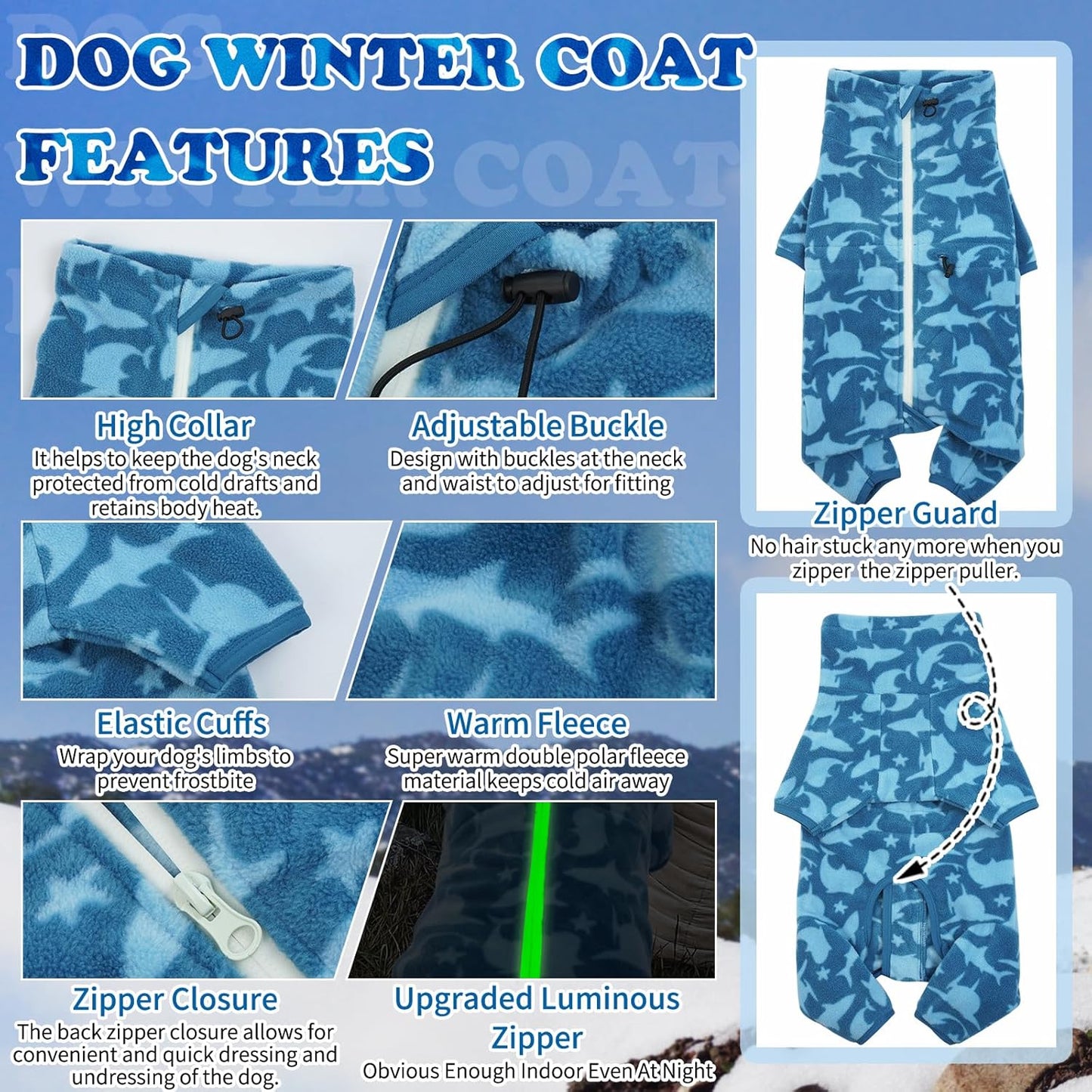 ROZKITCH Pajamas for Dogs Large, Pet Windproof Warm Cold Weather Jacket Vest with Luminous Zipper, Jumpsuit Apparel Outfit Clothes for Small Medium Large Dog Shark 2XL