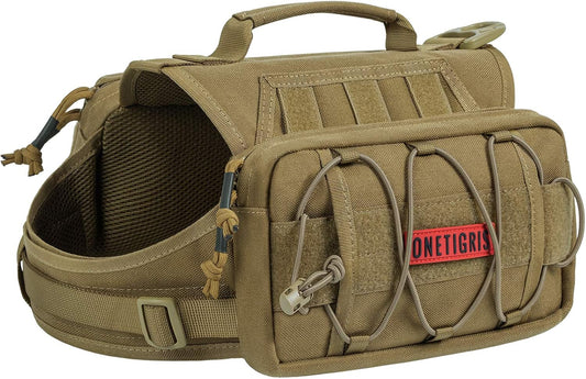 OneTigris Dog Backpack for Medium & Large Dogs, Nylon Backpack for Dogs Tactical Pet Backpack with Side Pockets for Hiking Walking Training Running (Brown, Large)