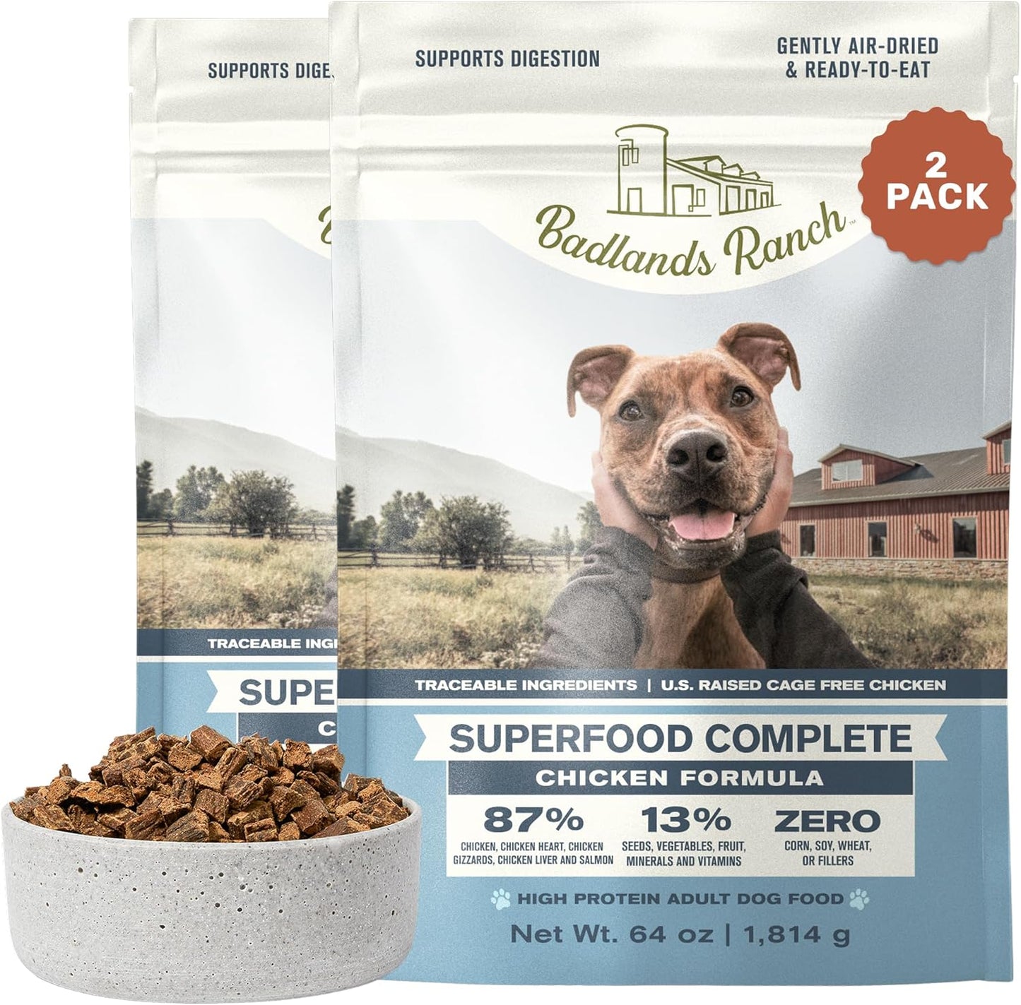 BADLANDS RANCH by Katherine Heigl- Superfood Complete, Air-Dried Adult Dog Food - High Protein, Zero Fillers, Superfood Nutrition (64 Ounce (Pack of 2), Chicken)