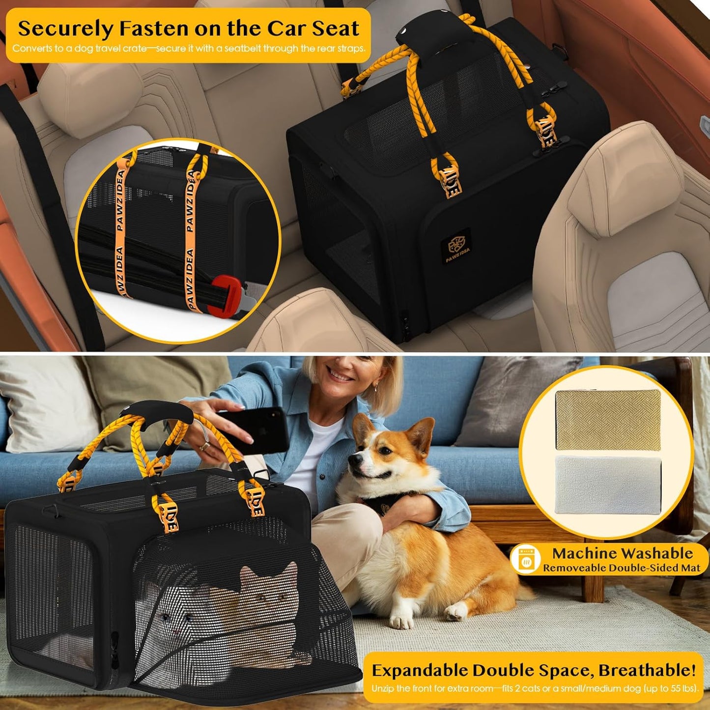 PAWZIDEA Expandable Pet Carrier with Wheels, 24"x16"x16" Large Cat Carrier for 2 Cats, Soft-Sided Dog Travel Crate for Small Medium Dog, Collapsible Rolling Travel Bag w/Telescopic Handle, Chew-Proof
