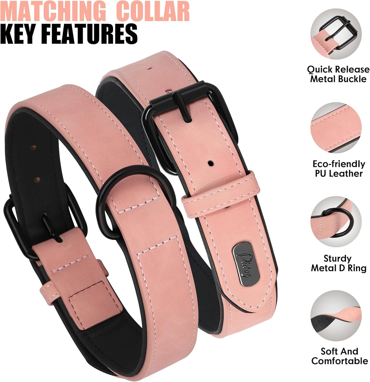 Didog Soft Padded Leather Dog Collar and Leash Set, Adjustable Pink and Breathable Pet Collars with 4FT PU Leather Dog Leash for Small Medium Large Dogs, Pink, L