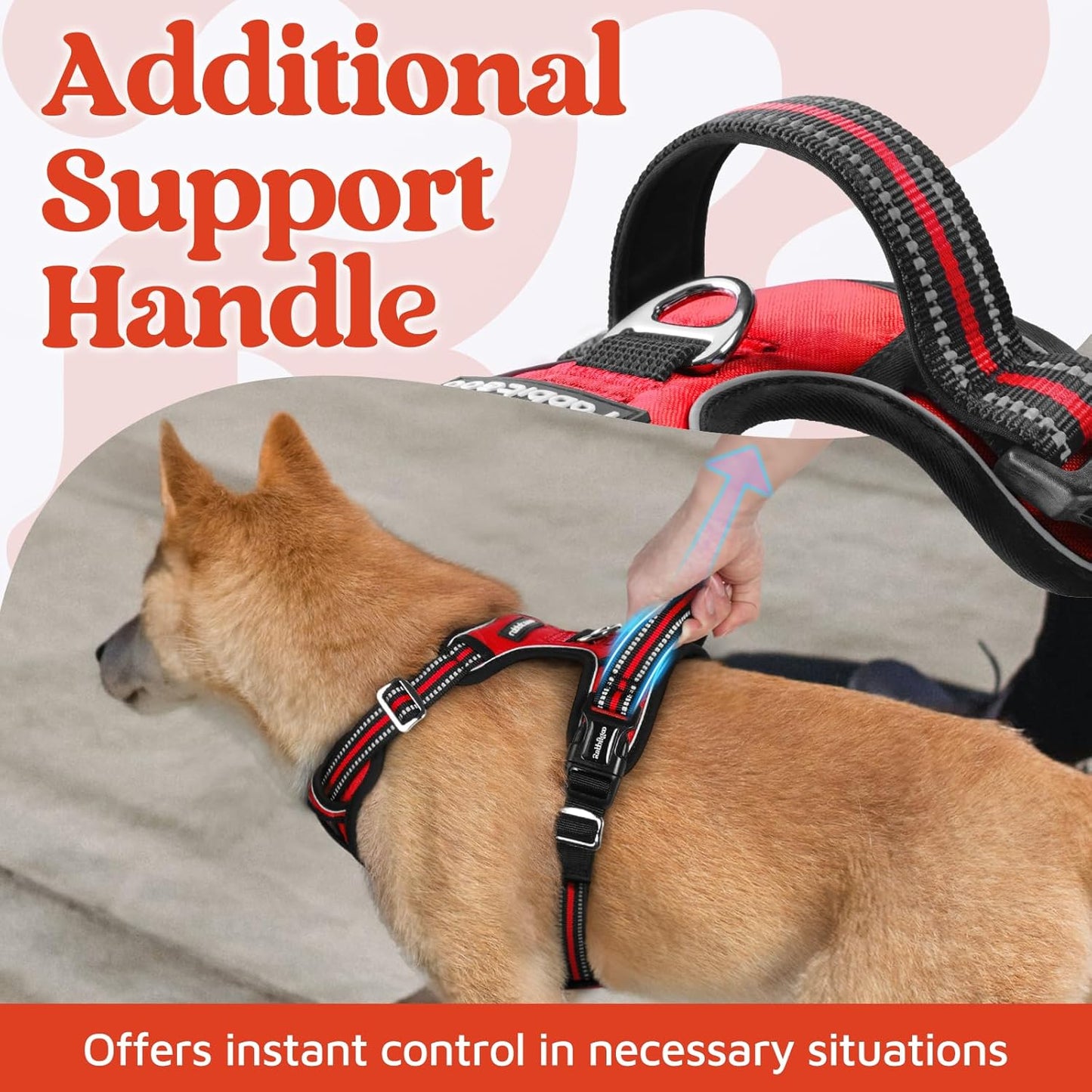 rabbitgoo Dog Harness Medium Sized, No Pull Dog Vest with 3 Buckles, Adjustable Soft Padded Pet Harness with Easy Control Handle and Reflective Strips, Red, M