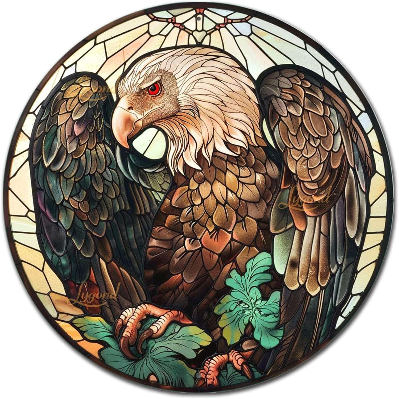 Lygond Metal Sign Tin Sign Circular Stained Glass Vulture Funny Bathroom Decor for Gift 12×12 Inches