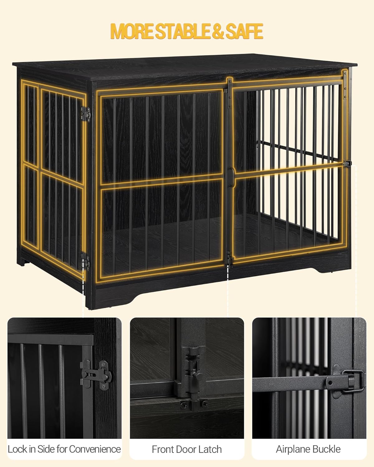 XL Large Dog Crate Furniture, 44.1" Indoor Dog Kennel Furniture with Barn Door, Wooden Tall Dog Crate, Heavy Duty Dog Cage for Large Dogs, Side End Table, Anti-Chew, Black DFC80104B