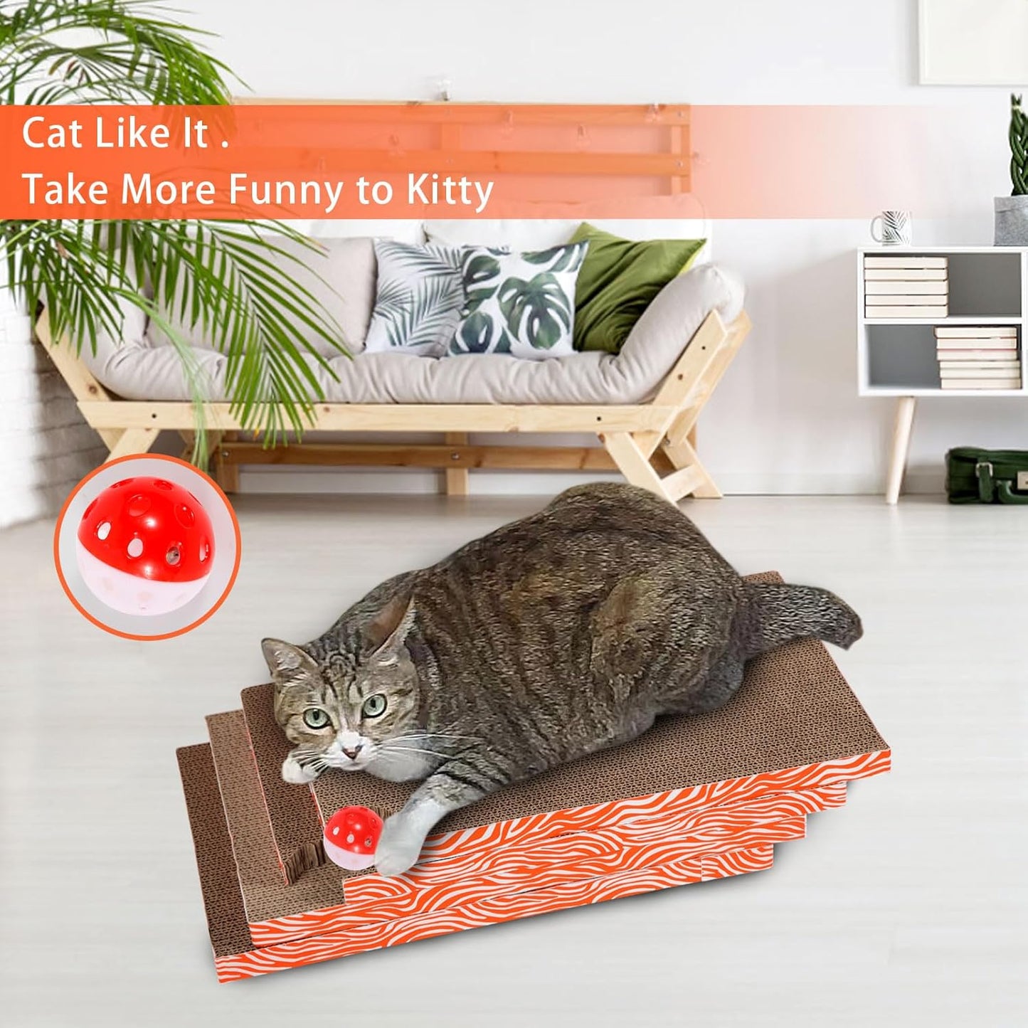 Cat Scrather Box with 4 pcs Large Scratching Cardboard and Toy Ball, Catnip, 4 in 1 Large Refillable & Reversible Cat Scratcher Pad, Cardboard Cat Bed for Big Medium Small Lazy Kitty