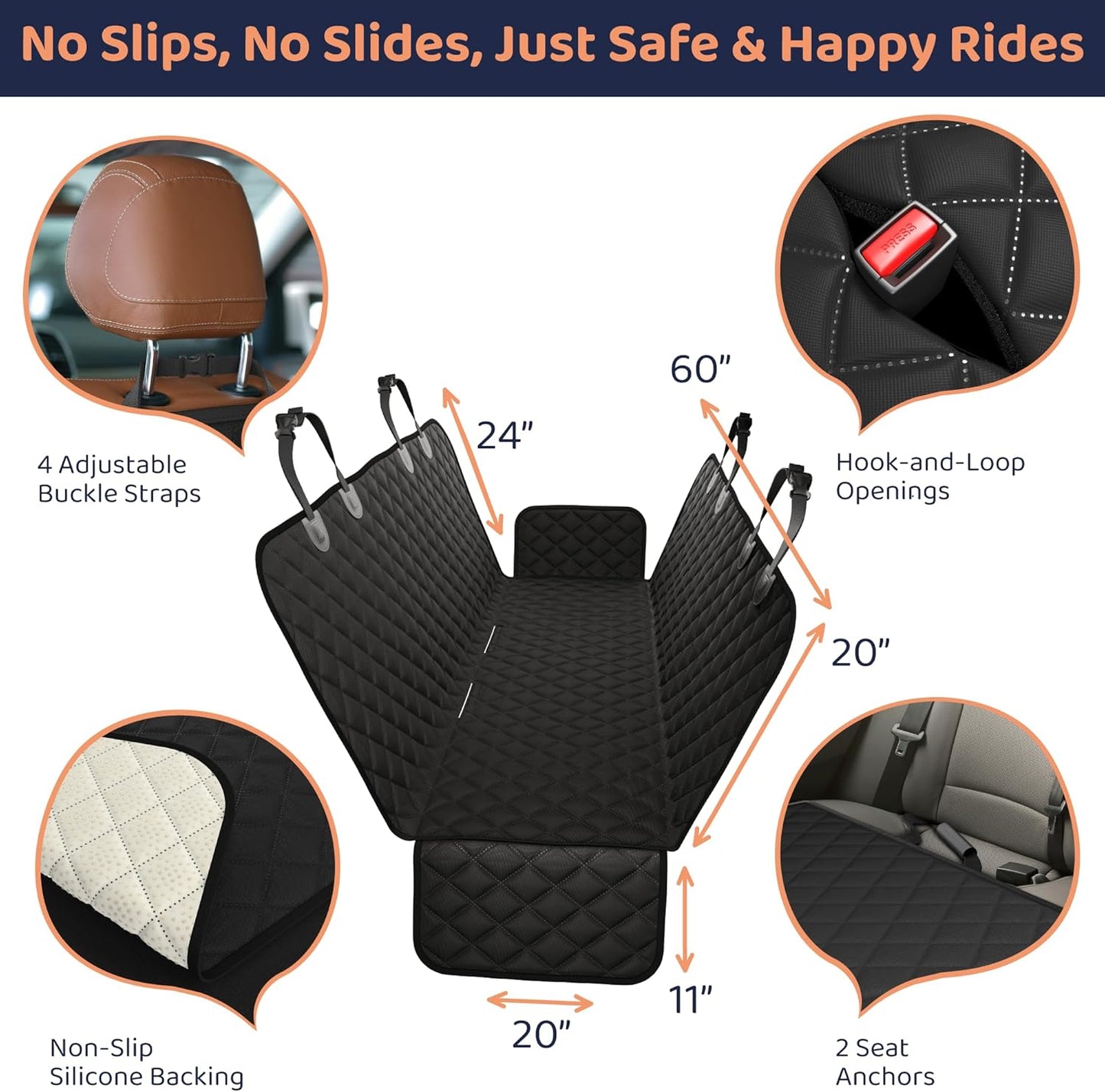 XL Dog Car Seat Cover for Back Seat, Waterproof Hammock for Car, SUV & Truck, Non-Slip Backseat Cover for Dogs, Heavy-Duty Dog Hammock Style Seat Protector Pets, Easy to Install & Clean