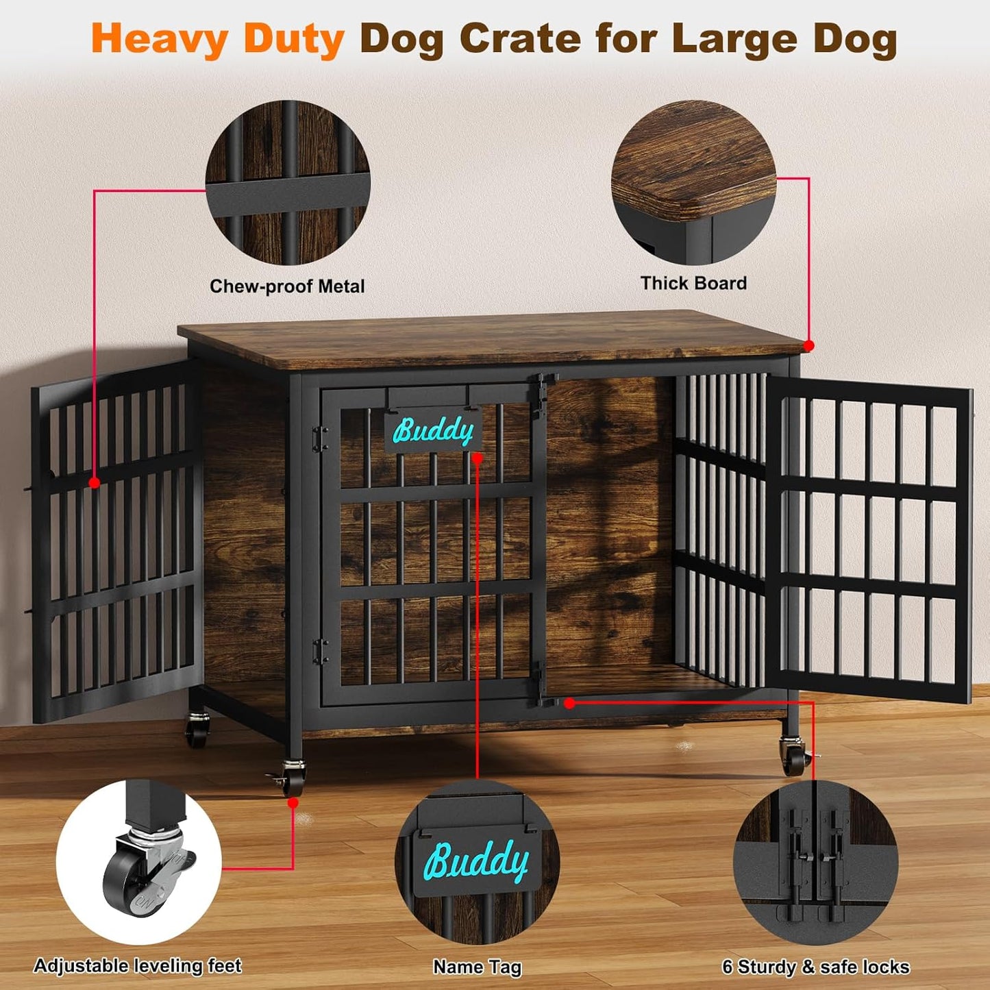 EasyCom 41"/33"/27" Dog Crate Furniture with Name Tag, Heavy Duty Dog Kennel Indoor for Medium Dogs, Double-Doors Sturdy Metal Dog Cage for Anxiety Dog, Decorate House as TV Stand, End Table