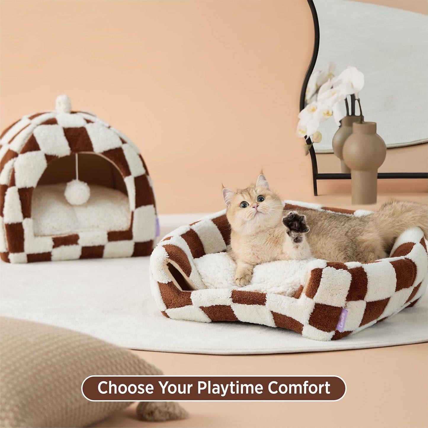Lesure Cute Cat Beds for Indoor Cats - 2 in 1 Cat Cave Bed for Large Cats, House with Removable Washable Cushioned Pillow, Cozy Tent House with Non-Slip Bottom, Brown, 17.3 inches