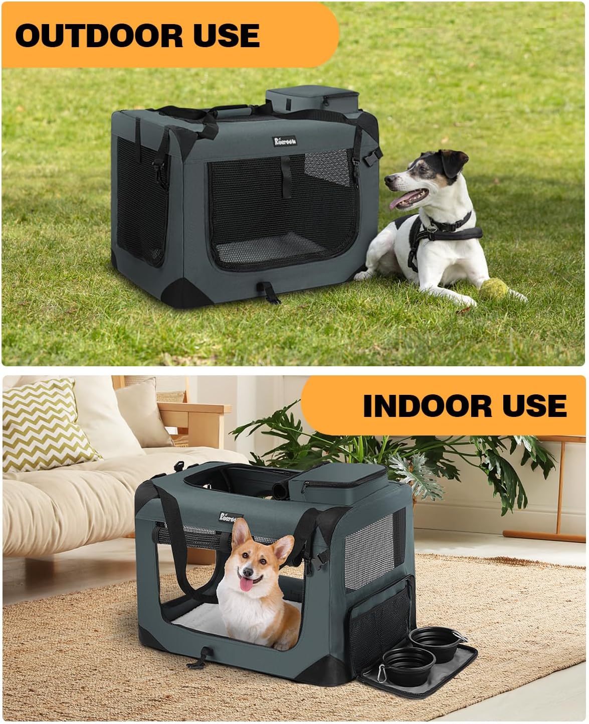 Extra Large Dog Crate with 2 Foldable Bowl, 36 Inch Collapsible Travel Dog Crate Kennel with Soft Blanket for Medium Dogs,Indoor & Outdoor (36" L x 25" W x 25" H, Grey)