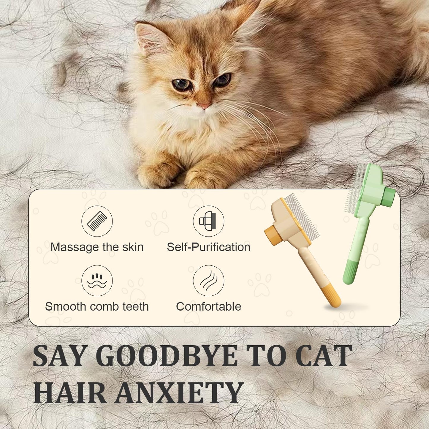 2-Pack Pet Hair Removal Comb & Flea Comb with Release Button for Cats & Dogs - Grooming Brush for Short/Long Hair Green & Yellow