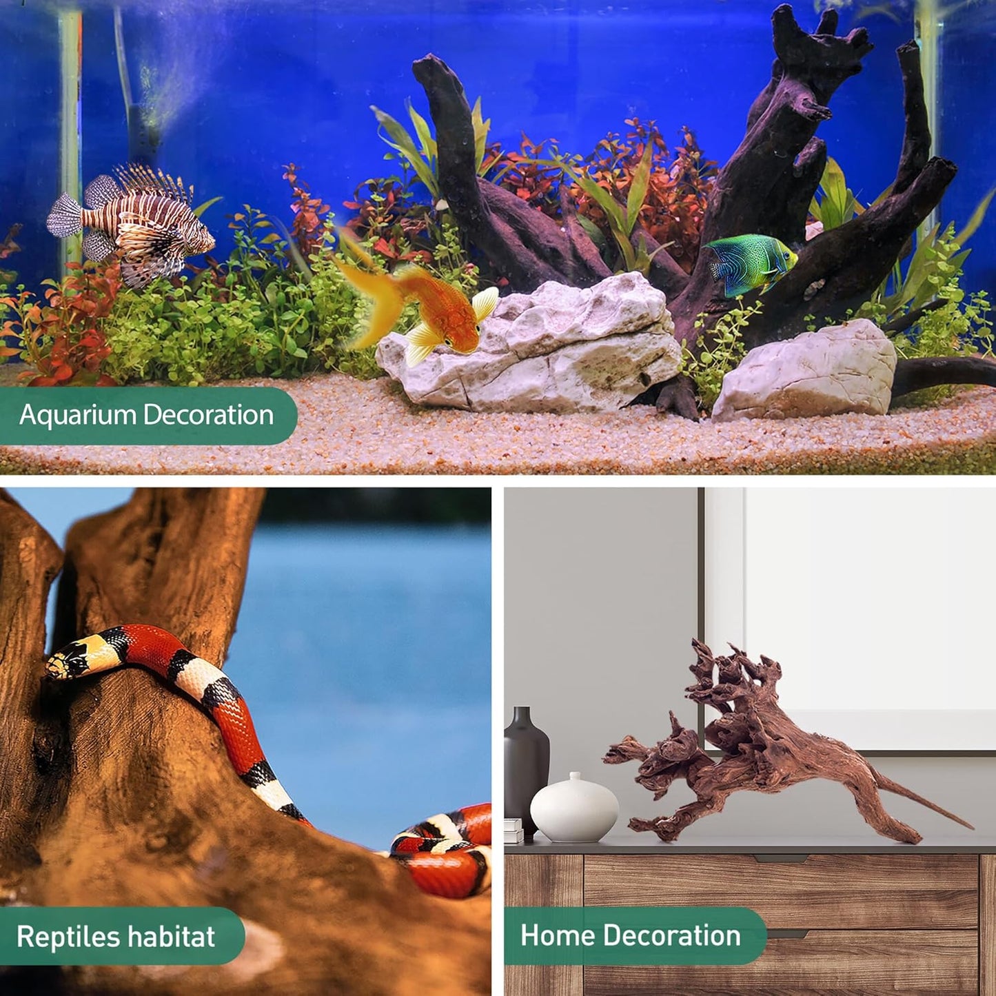 WDEFUN Natural Driftwood for Aquarium Decor, 3-Piece 7''-11'' Large Driftwood for Decorations on Fish Tank, Reptiles Bearded Dragon Accessories or Air Plants