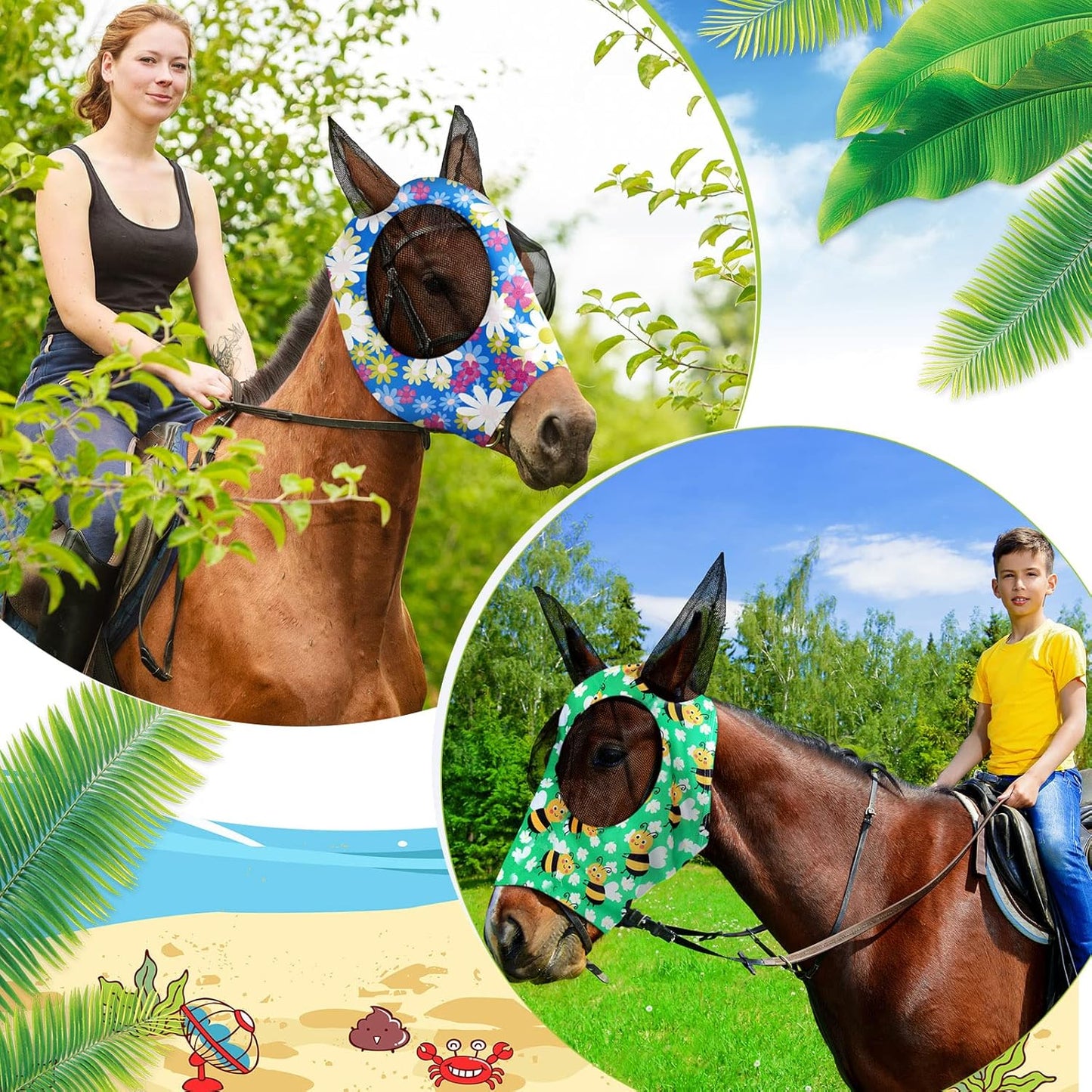 Qualirey12 Pieces Horse Fly Mask Bulk Comfortable Elasticity Mask for Horses with Ears Net UV Protection Breathable Horse Supplies Face Covering for Horse Pony and Foal (Flower Patterns, Medium)
